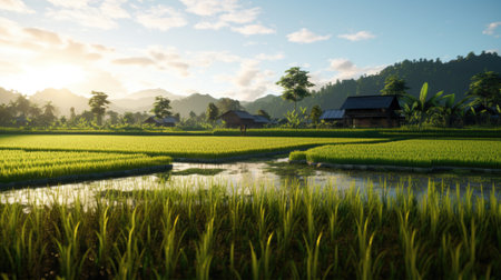 Rice field at sunset in Bali, Indonesia. The rice is growing in the paddies.の素材