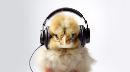 Cute little chicken listening to music with headphones on white background.の素材