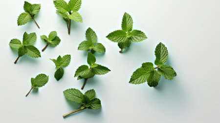 Fresh mint leaves on white background. Top view, flat lay.の素材