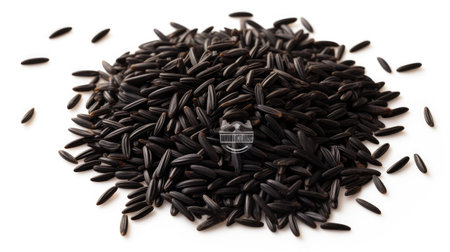 Black wild rice isolated on white background. Top view. Flat lay.の素材