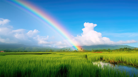rainbow over rice field and blue sky with cloud, nature backgroundの素材