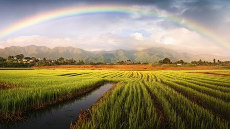 rainbow over rice field in thailand with mountain and sky backgroundの素材