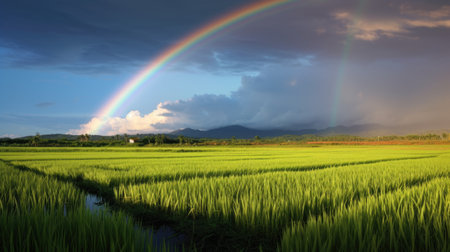 Rainbow over paddy field in the countryside of Thailand. Panorama.の素材