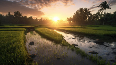 Rice field at sunset in Bali, Indonesia. Panoramaの素材
