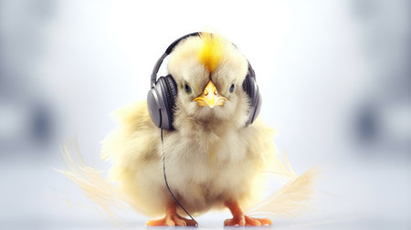 Cute little chicken with headphones and feathers on light background, closeupの素材