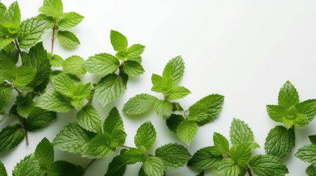 Fresh mint leaves on white background, top view. Space for textの素材