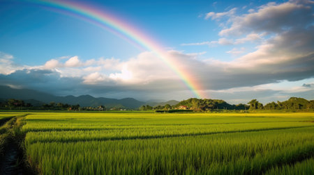 Rainbow over the rice field in the countryside of Chiang Mai, Thailandの素材