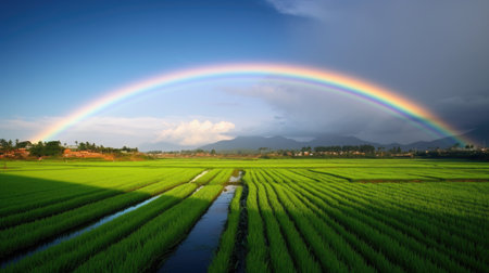 Rainbow over rice field in the countryside of thailand, Panoramaの素材
