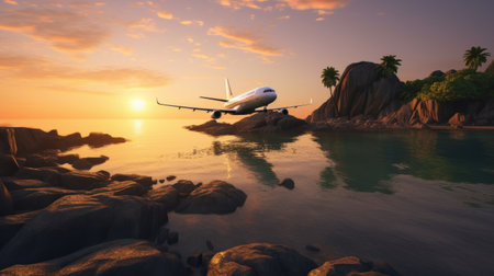 Passenger airplane flying over the sea at sunset. 3d renderの素材