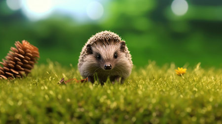 Hedgehog on green grass, closeup. Space for textの素材