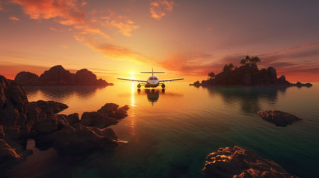 Airplane flying over the sea at sunset. 3d render illustrationの素材