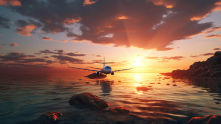 Airplane flying over the sea at sunset. 3d render illustrationの素材