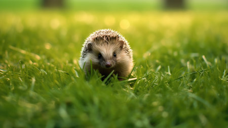 hedgehog on green grass in the park, shallow depth of fieldの素材