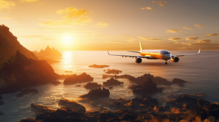Airplane flying over the sea at sunset. 3d render illustrationの素材