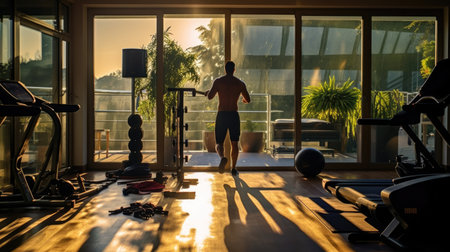 Back view of a man exercising in a gym at sunset with sunlightの素材