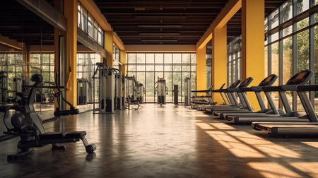 Interior of a modern fitness hall with rows of treadmillsの素材