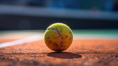 Tennis ball on the tennis court. Selective focus. Shallow depth of field.の素材