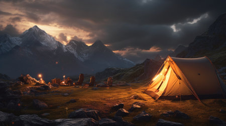 Camping in the mountains with a tent on the foreground. 3d renderingの素材