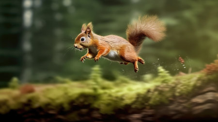 Squirrel jumping in the air and looking at the camera. 3d renderingの素材