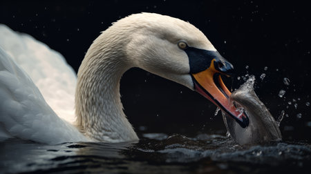 swan with a fish in its beak on a dark backgroundの素材