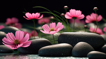 Pink cosmos flowers and zen stones on black background. Zen conceptの素材