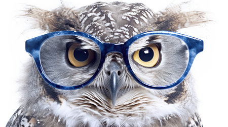Portrait of an owl in glasses isolated on a white background.の素材