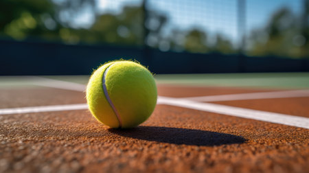 Tennis ball on the tennis court. Selective focus on the ballの素材