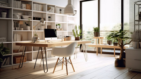 Contemporary wooden office interior with furniture and computer. 3D Renderingの素材