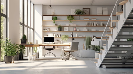 Modern office interior with wooden stairs and daylight. 3D Renderingの素材