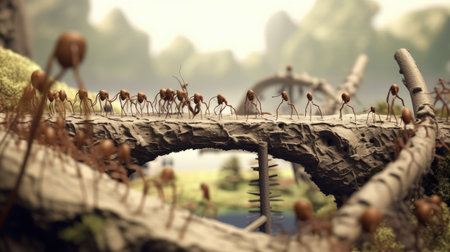 3D rendering of a group of ants on a stone bridge.の素材