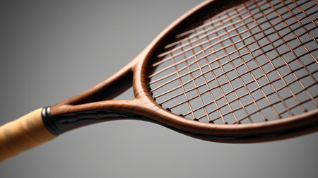 Tennis racket on grey background, closeup view. Sport equipmentの素材