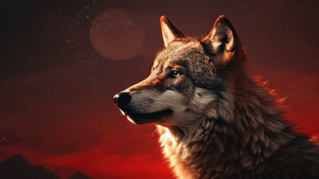 Close up of a wolf on a red background. 3d renderingの素材