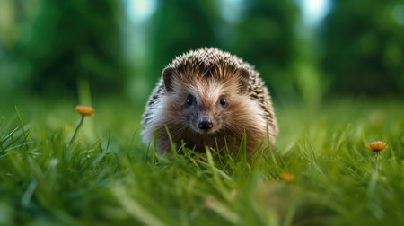 hedgehog in the green grass on a meadow in summerの素材