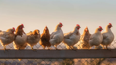Chickens on a fence at sunset. Selective focus.の素材