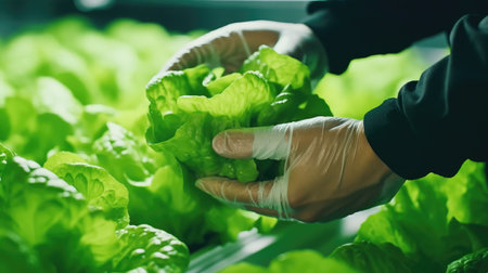 Close-up of a young man's hand in a white glove holding a fresh green lettuce in a hydroponic farmの素材