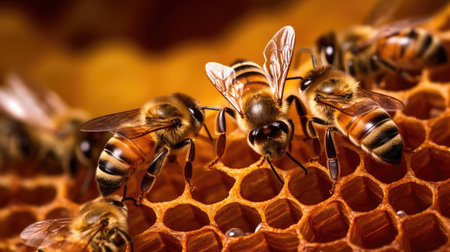 Macro view of the working bees on honeycells. (Apis mellifera)の素材