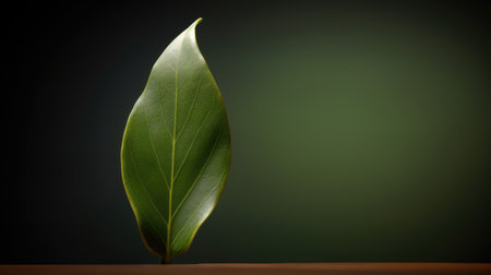 Green leaf on wooden table against dark background. 3d rendering.の素材