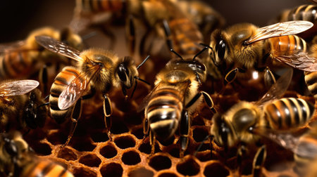Close up view of the working bees on honeycells. Macro photographyの素材