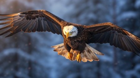Adult Bald Eagle (Haliaeetus leucocephalus) in flight. Winter landscape.の素材