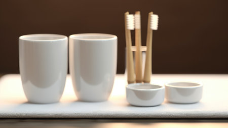 Bamboo toothbrushes and ceramic cups on wooden table, closeupの素材