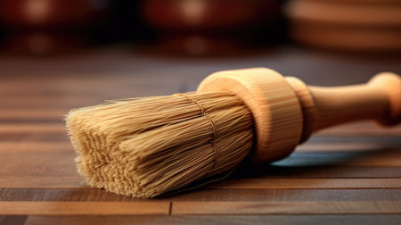 Broom on a wooden table, close-up, selective focusの素材