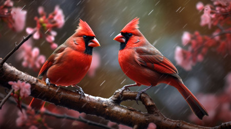 Male and female Northern Cardinal (cardinalis cardinalis) in the rainの素材