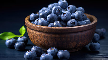 Fresh blueberries in a wooden bowl on a black wooden table.の素材