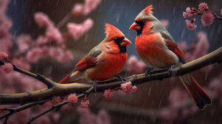 Male and female cardinal sitting on a branch of a blossoming tree in the rainの素材