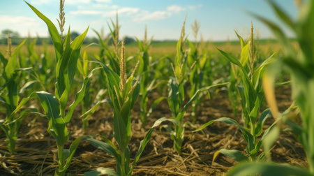 Corn growing on a field in the summer. Close-up.の素材
