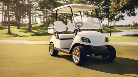 White golf cart on the golf course. 3d render image.の素材