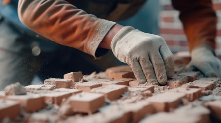 Close-up of the hands of a construction worker who is laying bricksの素材