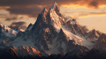 Snowy mountains with clouds at sunset - 3d rendering, illustrationの素材