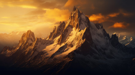Mountain landscape with snow-capped peaks at sunset. 3d renderの素材