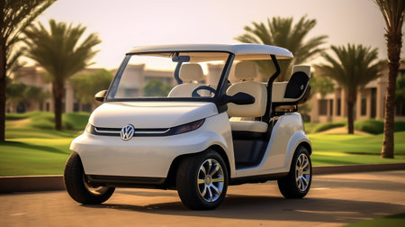 Electric car in the golf course with palm trees in the background.の素材